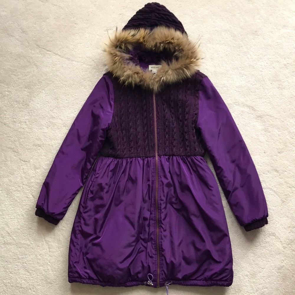 Purple Hooded Women's Coat with Faux Fur Trim